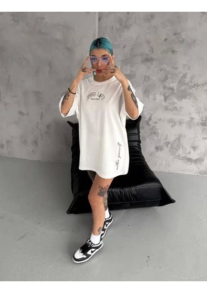 Unisex Baskılı Oversize T-Shirt - Beyaz fiyatları