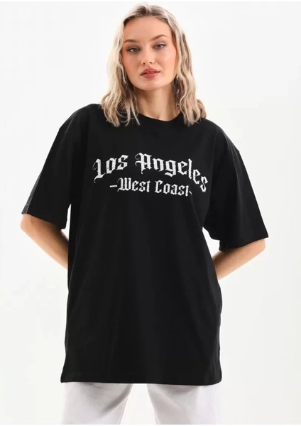 Unisex Baskılı Oversize T-Shirt - Siyah