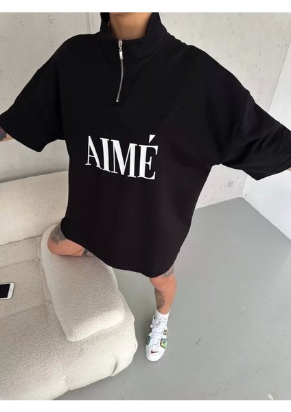Unisex Yarım Fermuarlı Baskılı T-Shirt - Siyah fiyatları