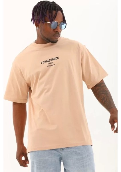 Unisex Oversize Baskılı Bisiklet Yaka T-Shirt - Bej fiyatları