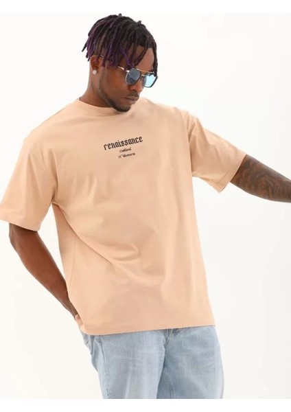 Unisex Oversize Baskılı Bisiklet Yaka T-Shirt - Bej modelleri