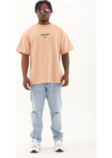 Unisex Oversize Baskılı Bisiklet Yaka T-Shirt - Bej fırsatları