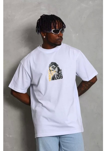 Unisex Oversize Baskılı Bisiklet Yaka T-Shirt - Beyaz