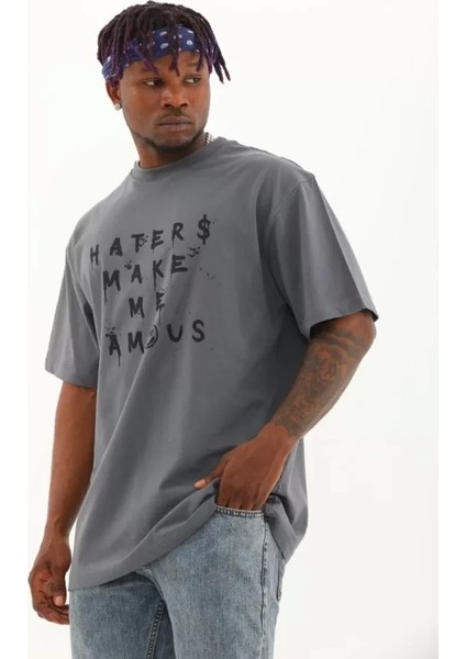 Unisex Oversize Baskılı Bisiklet Yaka T-Shirt - Füme