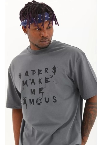 Unisex Oversize Baskılı Bisiklet Yaka T-Shirt - Füme fiyatları