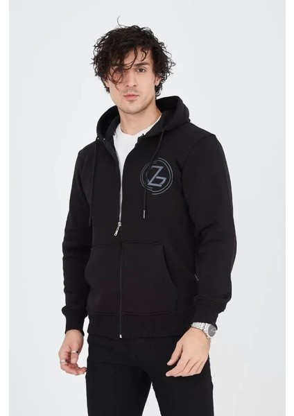 Erkek Kapüşonlu Baskılı Fermuarlı Hırka - Siyah modelleri