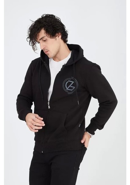Erkek Kapüşonlu Baskılı Fermuarlı Hırka - Siyah fırsatları