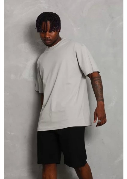 Unisex Oversize Düz Bisiklet Yaka T-Shirt - Gri modelleri