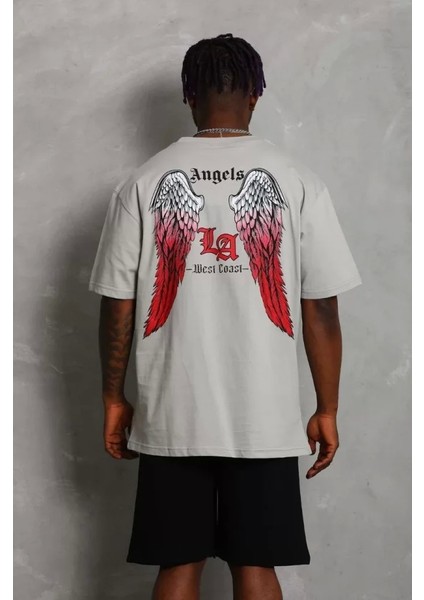 Unisex Oversize Baskılı Bisiklet Yaka T-Shirt - Gri modelleri