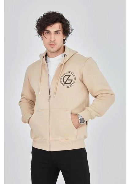 Erkek Kapüşonlu Baskılı Fermuarlı Hırka - Bej fırsatları