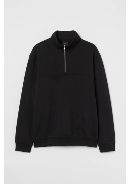 Oversize Yarım Farmuarlı Yakalı Basic Sweatshirt - Siyah fiyatları