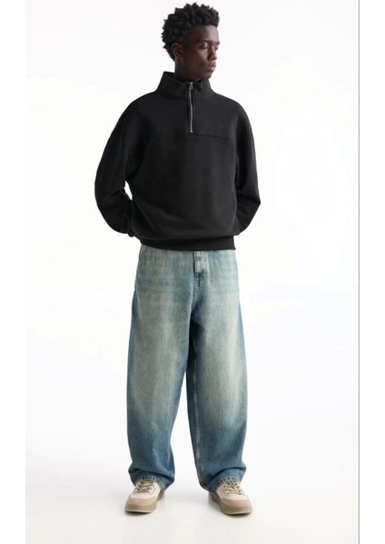 Oversize Yarım Farmuarlı Yakalı Basic Sweatshirt - Siyah modelleri