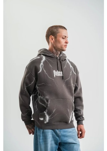 Double Oversize Kapşonlu Şimşek Pano Baskılı Sweatshirt - Füme