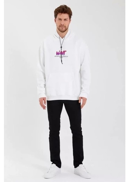 Erkek Baskılı Üç Iplik Kapüşonlu Oversize Sweatshirt - Beyaz