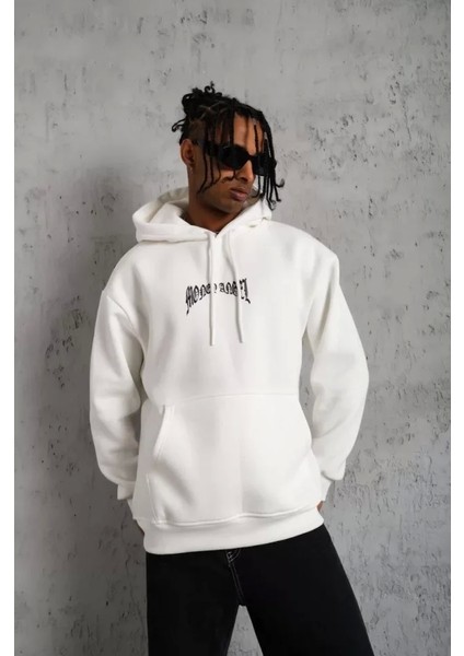 Erkek Kordon Ipli Baskılı Kapüşonlu Sweatshirt - Beyaz