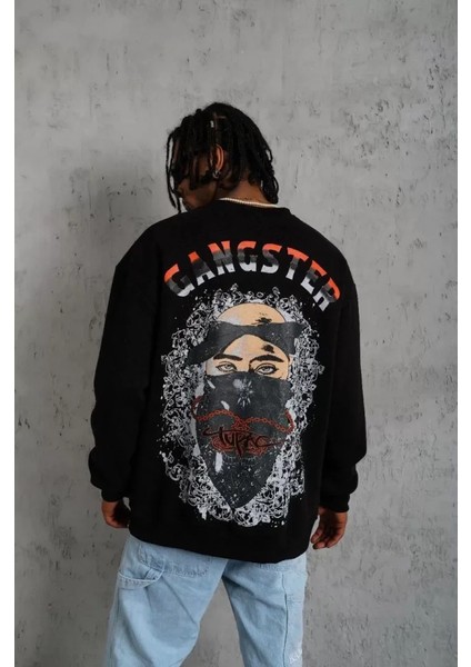 Erkek 3 Iplik Gangster Baskılı Sweatshirt - Siyah fiyatları