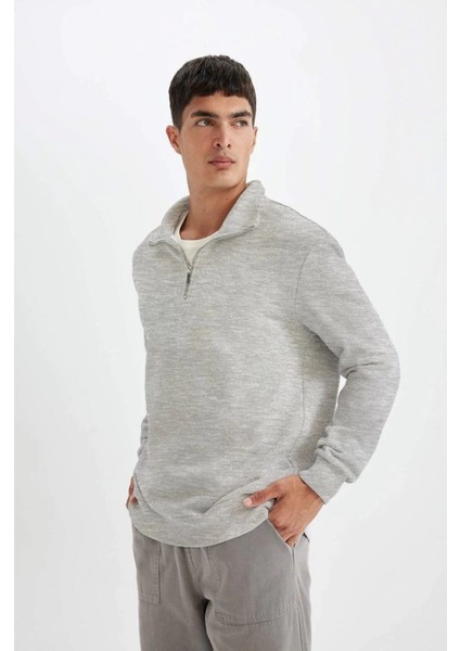 Unisex Uzun Kol Yarım Farmuarlı Yakalı Basic Sweatshirt - Gri