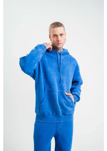 Unisex Double Oversize Kapşonlu Yıkamalı Sweatshirt - Mavi fırsatları
