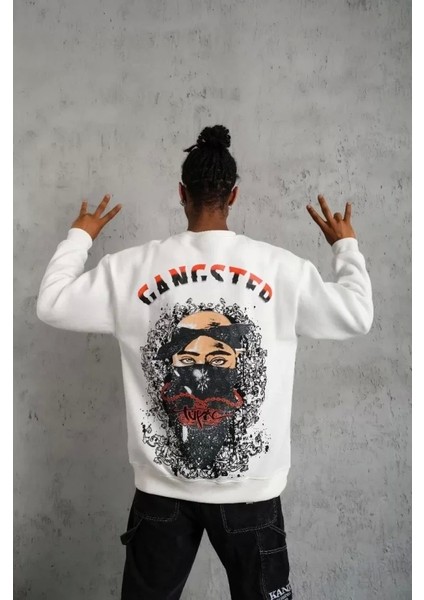 Erkek 3 Iplik Gangster Baskılı Sweatshirt - Beyaz fiyatları