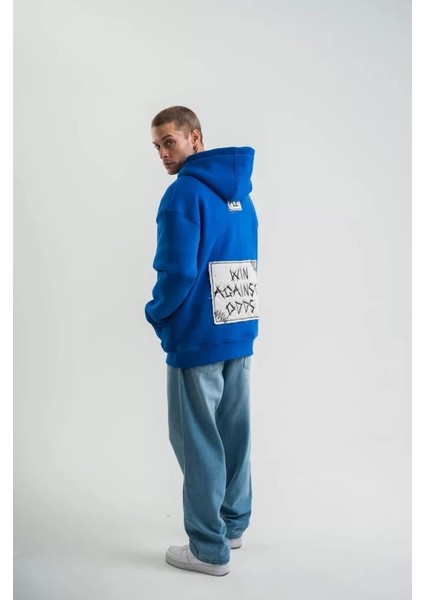 Unisex Kapşonlu Uzun Kol Patchli Nakışlı Sweatshirt - Mavi