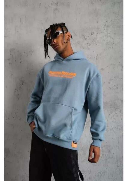 Erkek Armalı Baskılı Kapüşonlu Sweatshirt - Mavi fiyatları