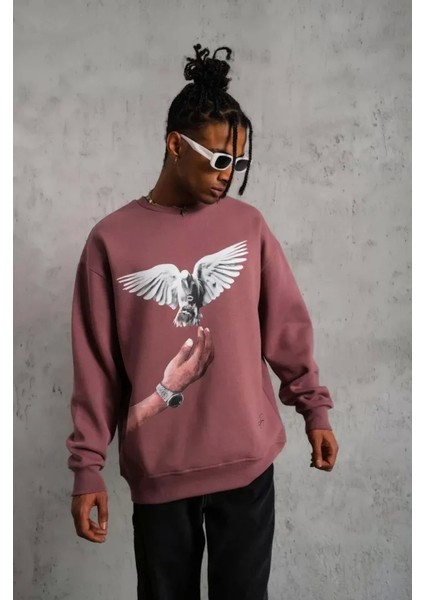 Erkek Güvercin Baskılı Sweatshirt - Gül Kurusu modelleri