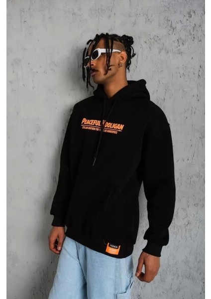 Erkek Armalı Baskılı Kapüşonlu Sweatshirt - Siyah