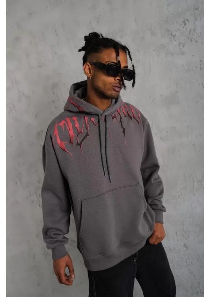 Erkek Ön ve Arka Baskılı Kapüşonlu 3 Iplik Sweatshirt - Füme