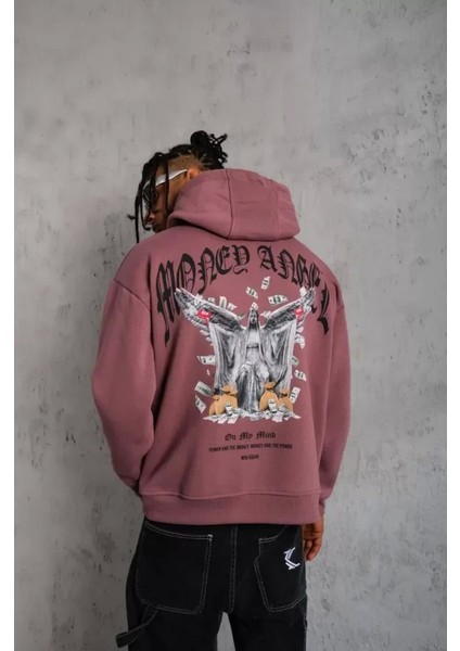 Erkek Kordon Ipli Baskılı Kapüşonlu Sweatshirt - Gül Kurusu