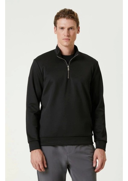 Unisex Uzun Kol Yarım Farmuarlı Yakalı Basic Sweatshirt - Siyah