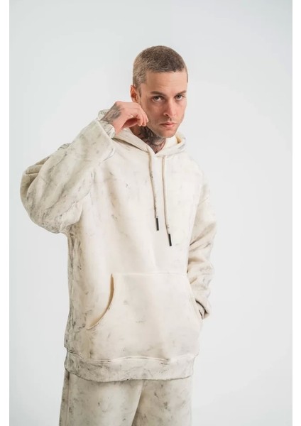 Unisex Double Oversize Kapşonlu Yıkamalı Sweatshirt - Krem