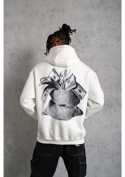 Erkek Kanguru Cep Baskılı Kapüşonlu Sweatshirt - Beyaz fiyatları