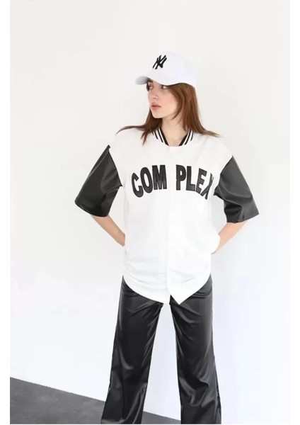 Complex Kolları Deri Kolej Oversize T-Shirt - Beyaz fiyatları