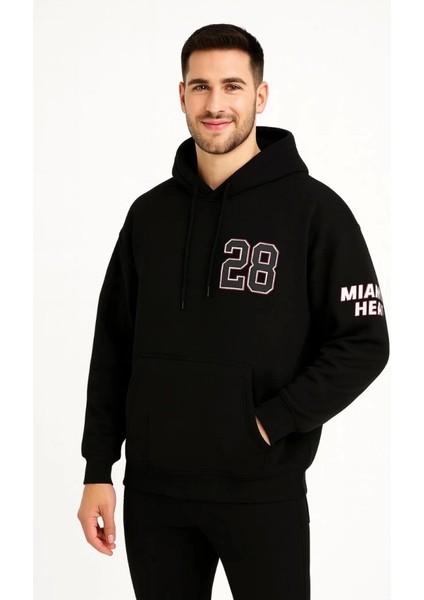 Üç Iplik Kapüşonlu Ön ve Arka Baskılı Sweatshirt Hoodie - Siyah