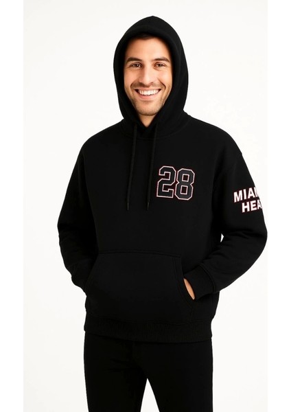 Üç Iplik Kapüşonlu Ön ve Arka Baskılı Sweatshirt Hoodie - Siyah modelleri