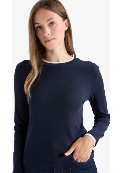 Slim Fit Dar Kesim Bisiklet Yaka Uzun Kollu Tişört Tunik F9611AX25AU