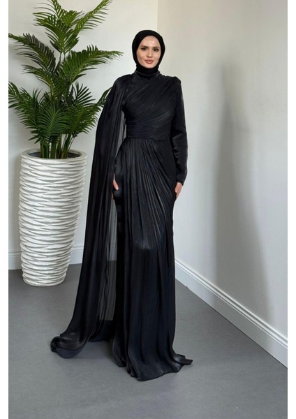 Rosalinne Tek Omuz Pelerinli Drapeli Jan Jan Abiye Siyah