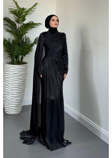 Rosalinne Tek Omuz Pelerinli Drapeli Jan Jan Abiye Siyah modelleri