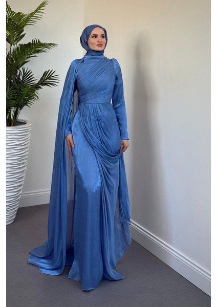 Rosalinne Tek Omuz Pelerinli Drapeli Jan Jan Abiye Indigo