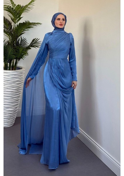 Rosalinne Tek Omuz Pelerinli Drapeli Jan Jan Abiye Indigo fiyatları