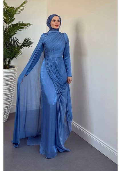 Rosalinne Tek Omuz Pelerinli Drapeli Jan Jan Abiye Indigo modelleri