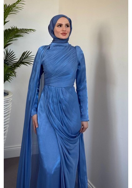 Rosalinne Tek Omuz Pelerinli Drapeli Jan Jan Abiye Indigo fırsatları