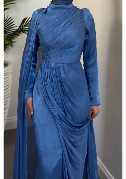 Rosalinne Tek Omuz Pelerinli Drapeli Jan Jan Abiye Indigo indirimleri