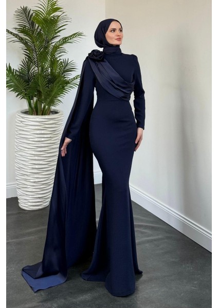 Castilya Pelerinli Omzu Gül Abiye Navy Blue