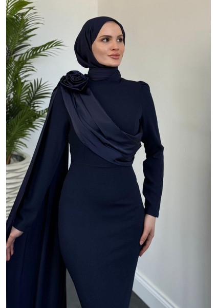 Castilya Pelerinli Omzu Gül Abiye Navy Blue fiyatları