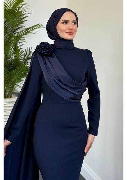 Castilya Pelerinli Omzu Gül Abiye Navy Blue modelleri
