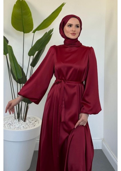 Dimitra Balon Kol Saten Elbise Bordo fırsatları