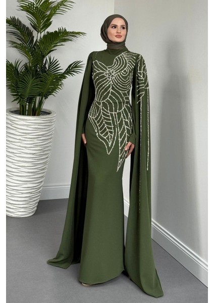 Mery Taşlı Pelerinli Abiye Haki