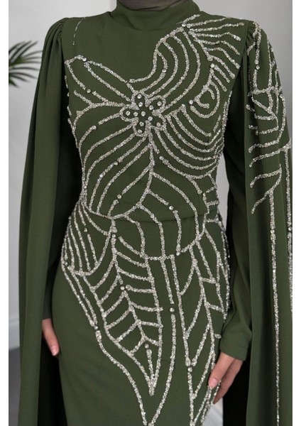 Mery Taşlı Pelerinli Abiye Haki modelleri