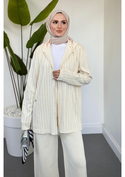 Verona Taşlı Fermuarlı Kapüşonlu Takım Krem modelleri